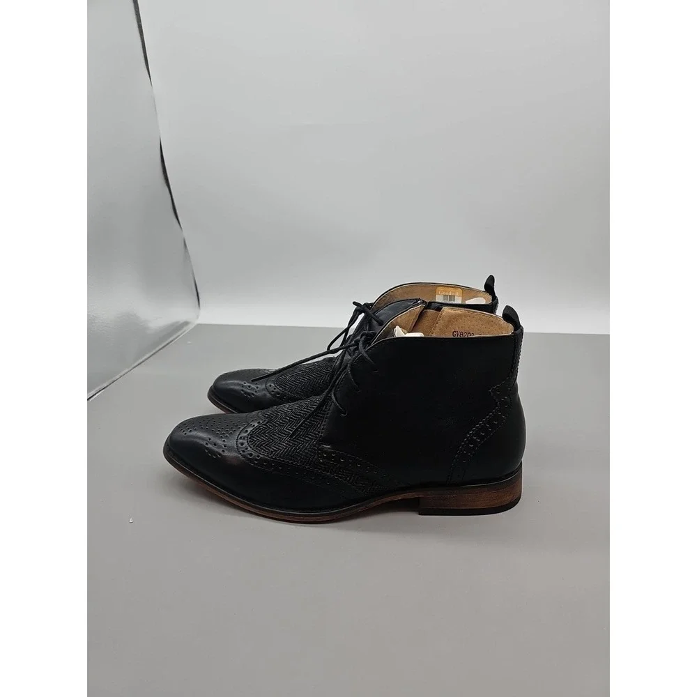 Mens High Top Boot Gino Vitale Leather Wingtip Zip Herringbone Tweed Black Sz 8.